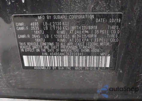 2019 Subaru Outback 2.5I Limited z USA, uszkodzony, nr VIN 4S4BSANC7K3328945